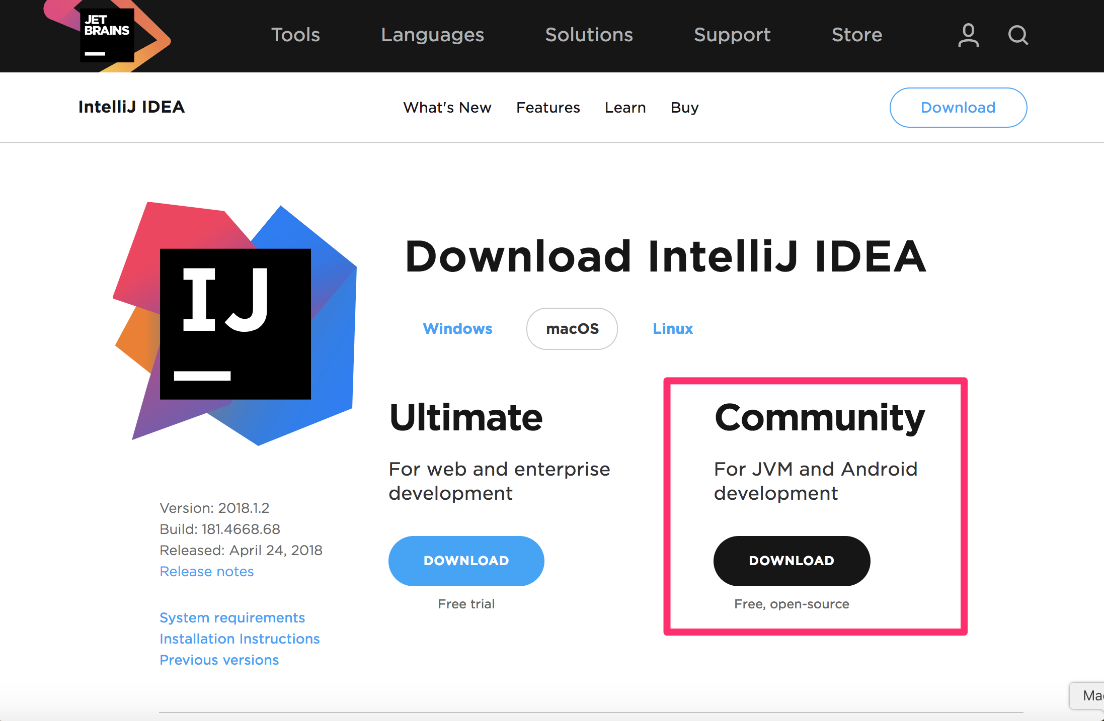 IntelliJ IDEAのダウンロードページ