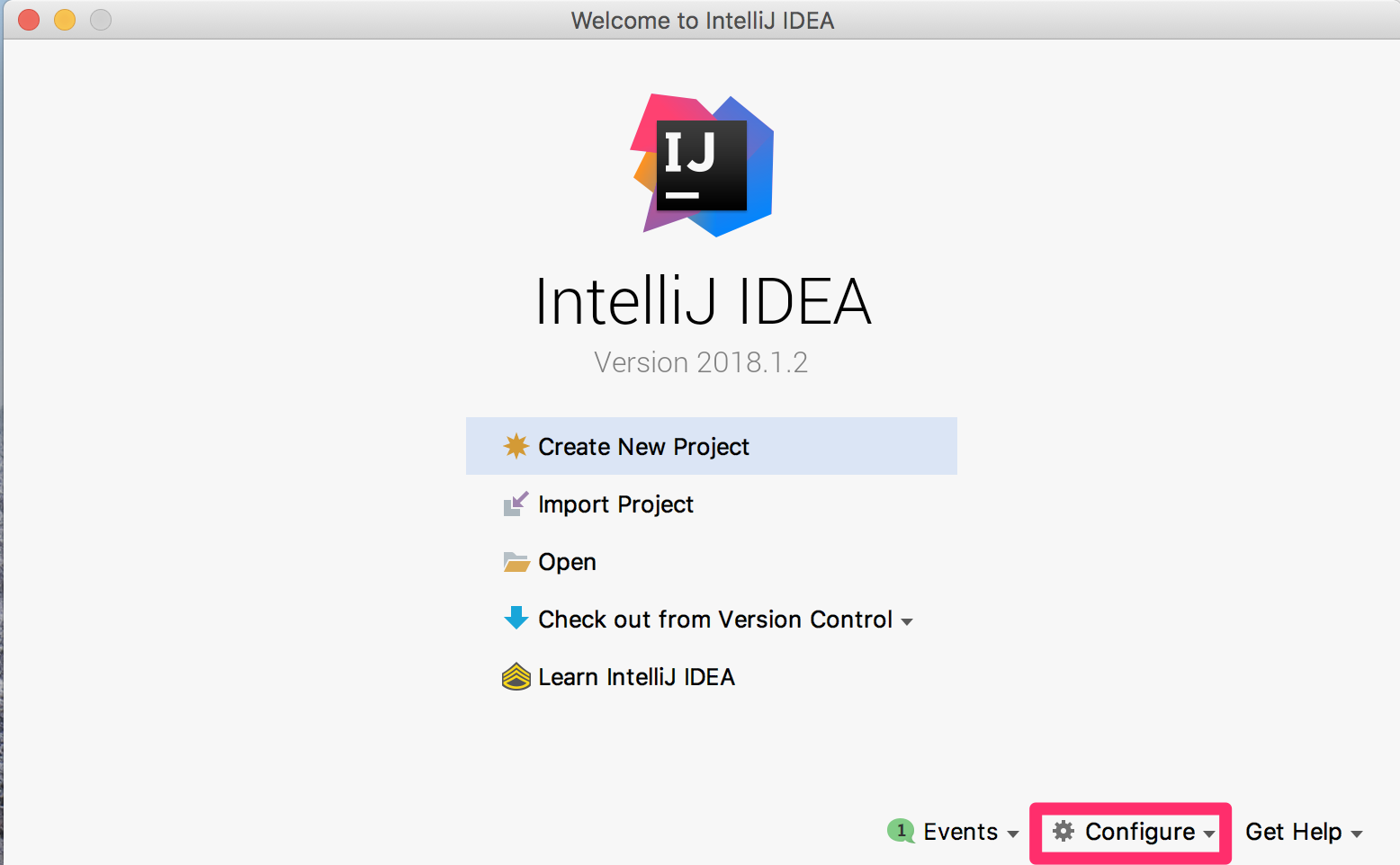 IntelliJ IDEAの起動画面のConfigure